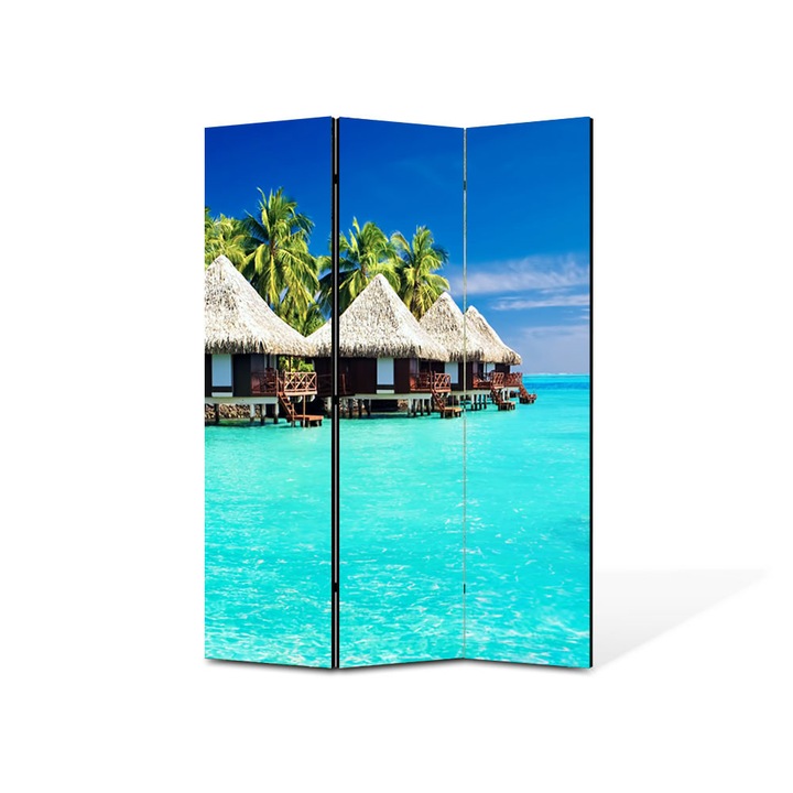 Paravan de Camera ArtDeco din 3 Panouri Peisaj Cabanute exotice 105 x 150 cm