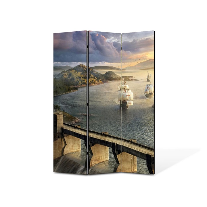 Paravan de Camera ArtDeco din 3 Panouri Peisaj Corabii 105 x 150 cm