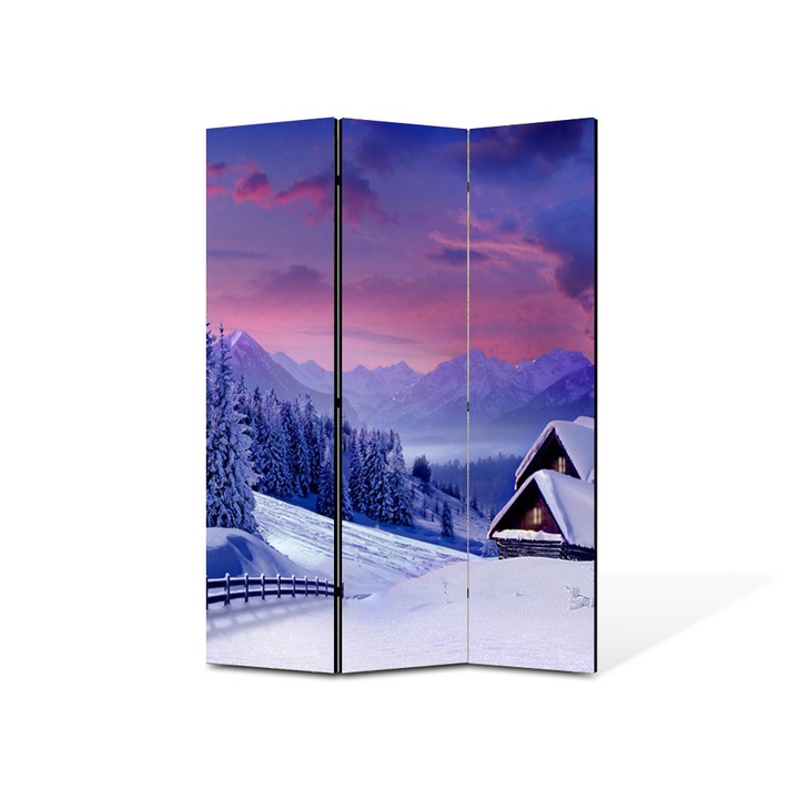 Paravan de Camera ArtDeco din 3 Panouri Peisaj Cabana sub zapada 135 x 180 cm