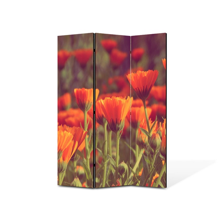 Paravan de Camera ArtDeco din 3 Panouri Peisaj Flori rosii 135 x 180 cm