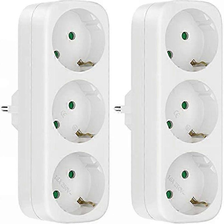 Set 2 adaptoare priza multiplu 3-in-1 fara cablu FU-K0276-20260902-281, 250 V/16 A (3680 W), protectie pentru copii, certificat CE, alb