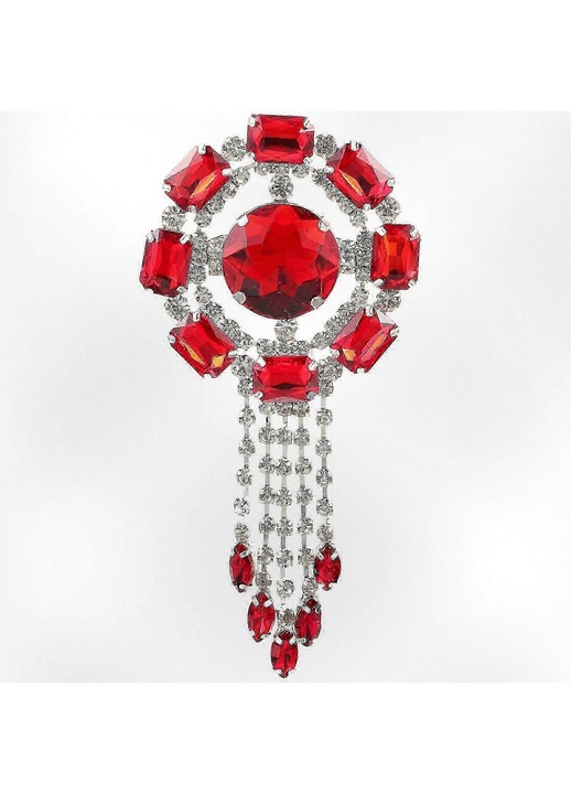 Brosa din aliaj cu cristale si ciucuri, model FU-K0276-20260902-470, rosu, 12 x 5.7 x 1 cm