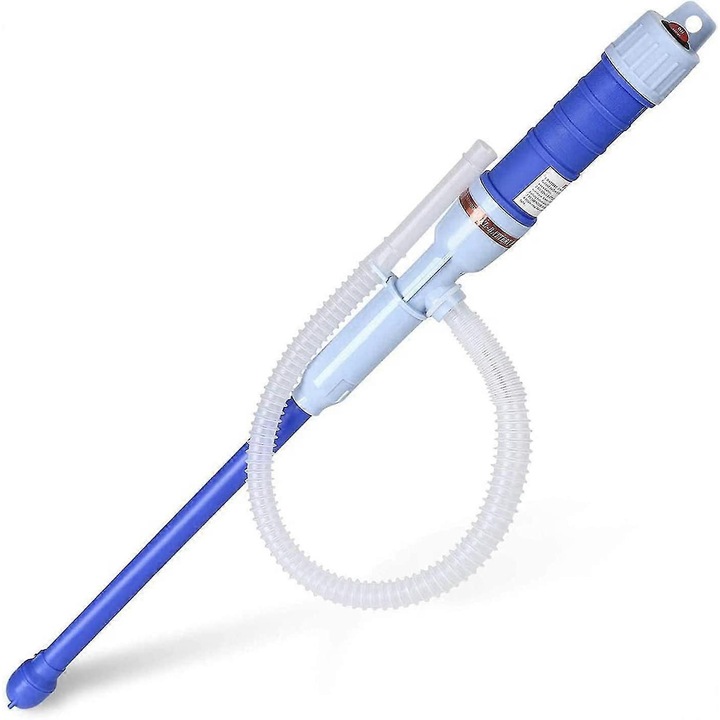 Pompa electrica de transfer lichide FU-K0276, pentru benzina/apa/ulei, din PP/PE food-grade, alimentare 2 x baterii D, cu furtun, albastru