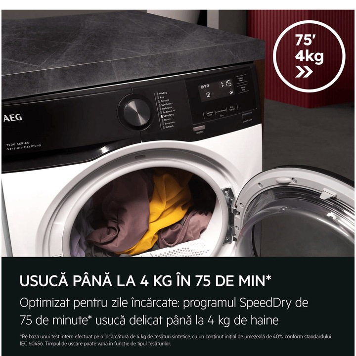 Uscator de rufe AEG TR7G8BE, pompa de caldura, 8 kg, clasa energie D, Sensidry, Filtru EasyClean, Mixdry, SpeedDry -Uscare rapida (sintetice), Easy Iron, Refresh, Start Intarziat, Alb. - Imaginea 4 din 15