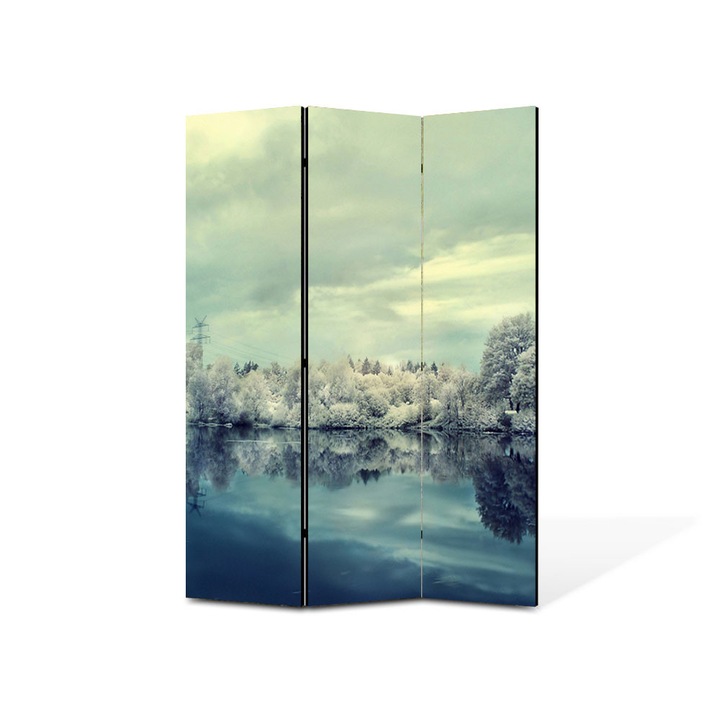 Paravan de Camera ArtDeco din 3 Panouri Peisaj Nuante reci 135 x 180 cm