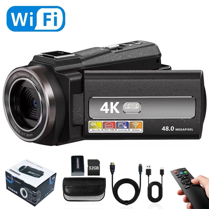 Видеокамера K0276-2026902-226 4K Ultra HD, 48MP, 16x увеличение, CMOS сензор, f/2.0 f=7.36mm, въртящ се екран 3,0" 270°, Wi-Fi, включена SD карта 64GB, черна