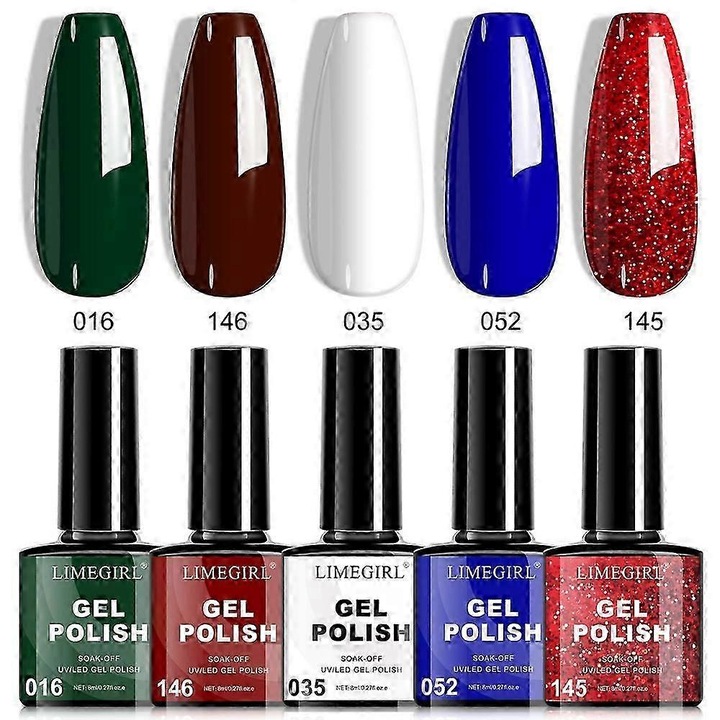 Set 5 geluri pentru unghii soak-off FU-K0276-20260902-11053, semi-permanent, multicolor (016/146/035/052/145)