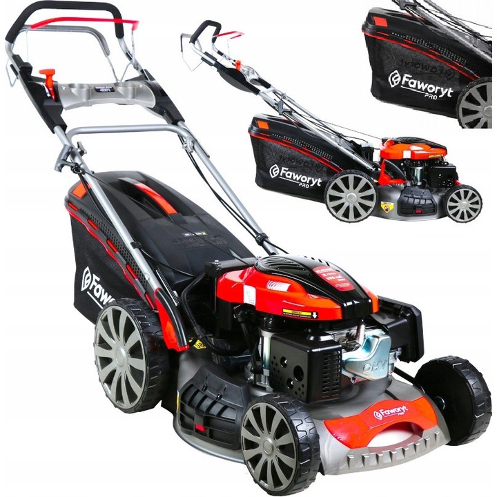 Бензинова косачка Faworyt Pro MP51 SL (GTM51N196L), двигател Loncin 196 cm³ 6,75 к.с., ширина на косене 51 cm, със самоход, кош 65 l, централно регулиране 6 степени, функция мулчиране и странично изхвърляне, Многоцветен