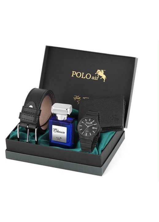 Мъжки подаръчен комплект Polo Air, Изцяло черен часовник с метална верижка, Колан, Портфейл и Парфюм, Черен