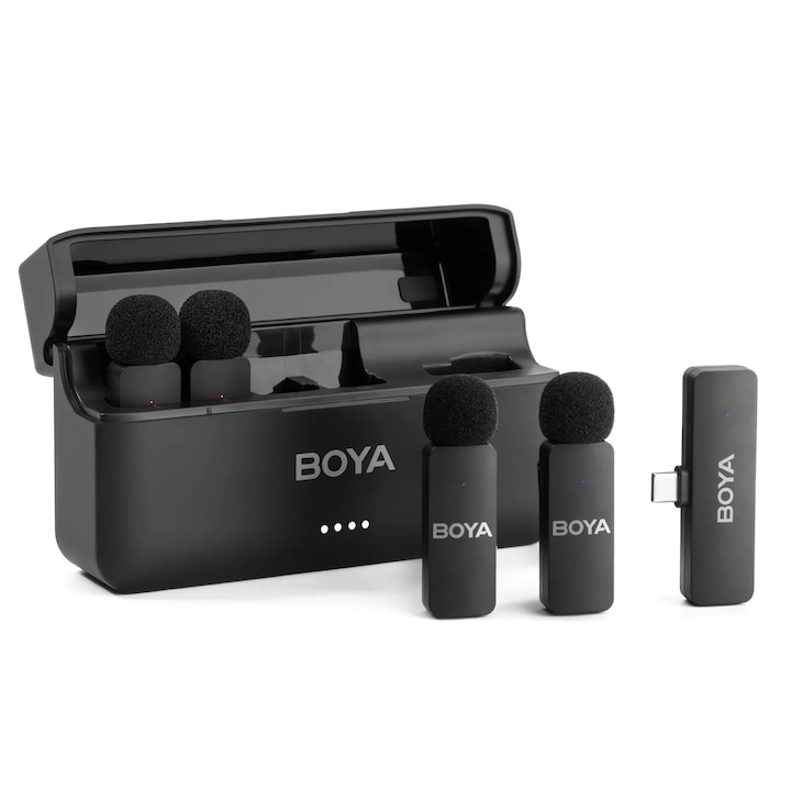 Безжичен Lavalier микрофон BOYA BY-V4U, Clip-On, USB-C, 4 канала, шумопотискане, 200м, 18ч, черен