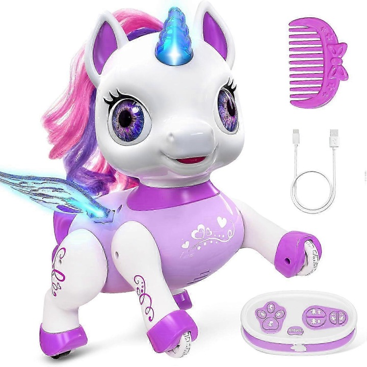Робот еднорог играчка, презареждаем CJ-FRG-K0563-20260902-1070, с дистанционно управление, LED на рога и крилата, музика и танц, USB, автономност 50–70 мин, виолетов, 3+ години