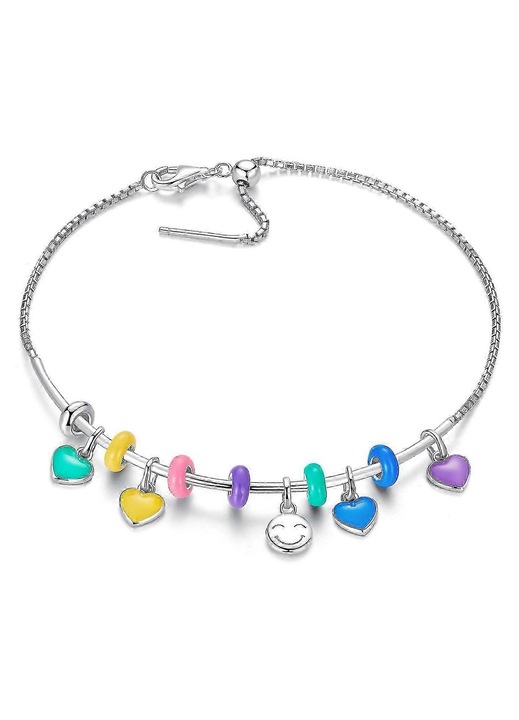 Bratara din argint 925 cu pandantive inima colorate si margele emailate, placare aurie, multicolor