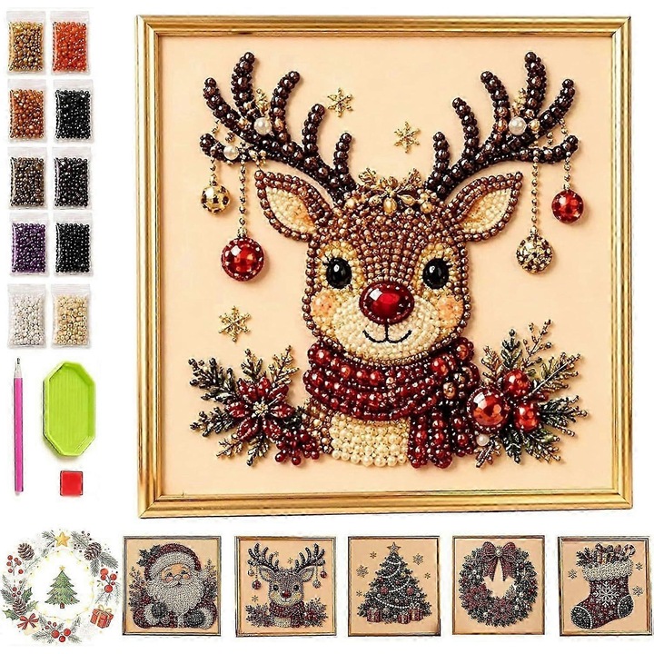DIY картина с диаманти (diamond painting) за Коледа, предварително рамкирана, пълен комплект с кръгли мъниста, апликатор и тавичка, Многоцветен, 20 x 20 см