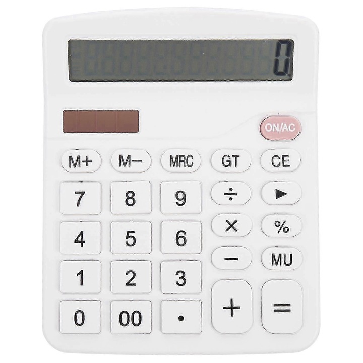 Калкулатор CJ-FRG-K0563-20260902-6489, соларно и батерийно захранване, 12 цифри, ABS корпус, бял, 14.5 x 12 x 2.5 см