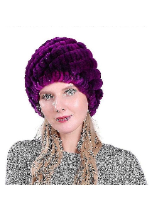 Caciula beanie tricotata din blana naturala de iepure pentru femei, mov