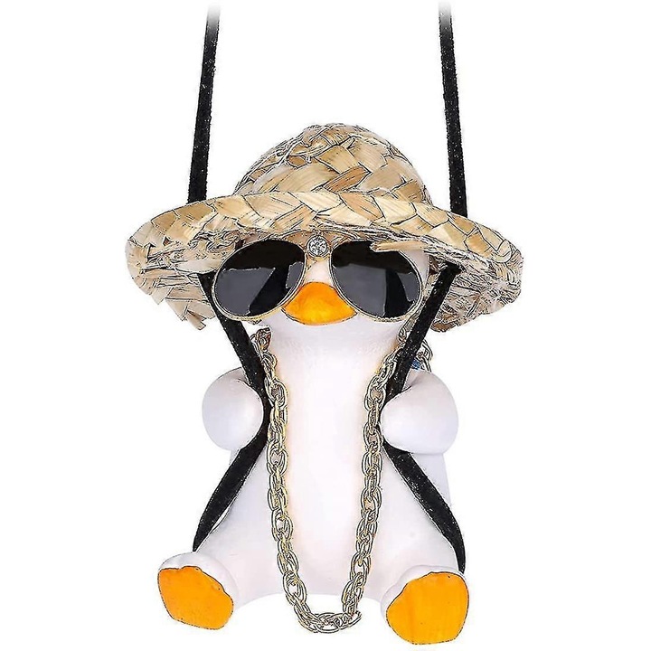 Ornament auto atarnator rata din ipsos cu ochelari de soare si palarie, multicolor, 6,5 x 5,5 x 5,3 cm