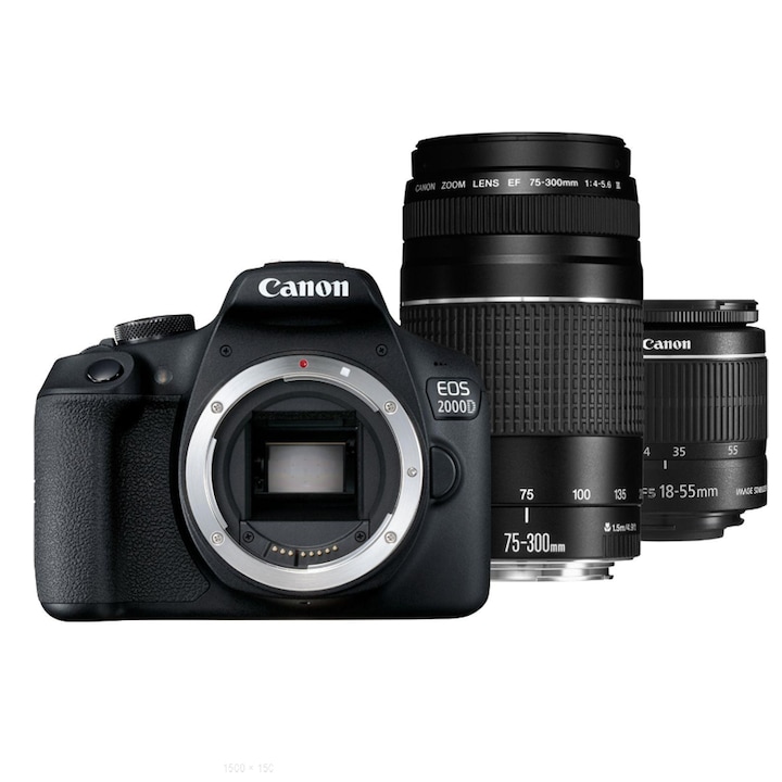 Canon EOS 2000D DSLR Fényképezőgép + 18-55 IS + 75-300 III, 24,1 MP, WIFI, Fekete