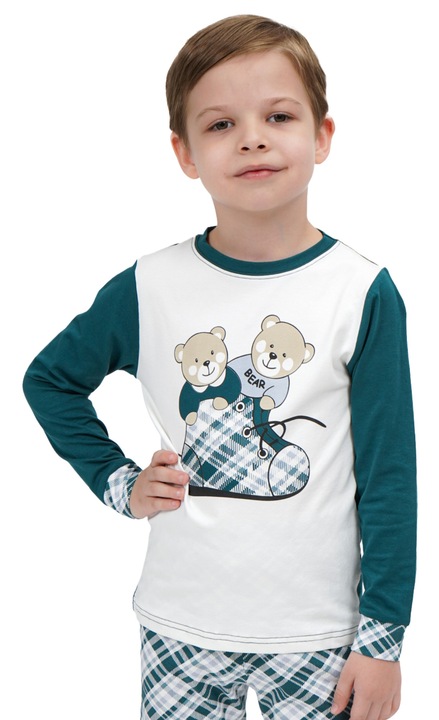 Памучна пижама за момчета с принт Мече и карирани панталони MOD KIDS, Тъмнозелен