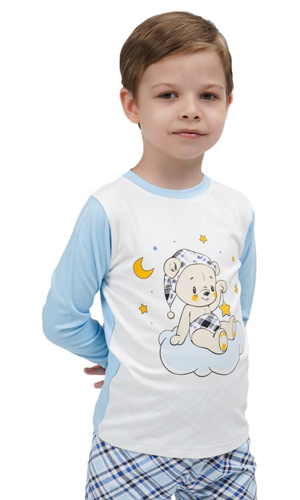 Памучна пижама за момчета с принт Мече и карирани панталони MOD KIDS, Светлосин