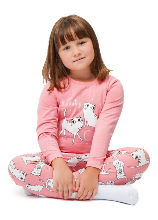 Пижама за момичета от мек памук с дълъг ръкав и панталон с принт MOD KIDS, Корал