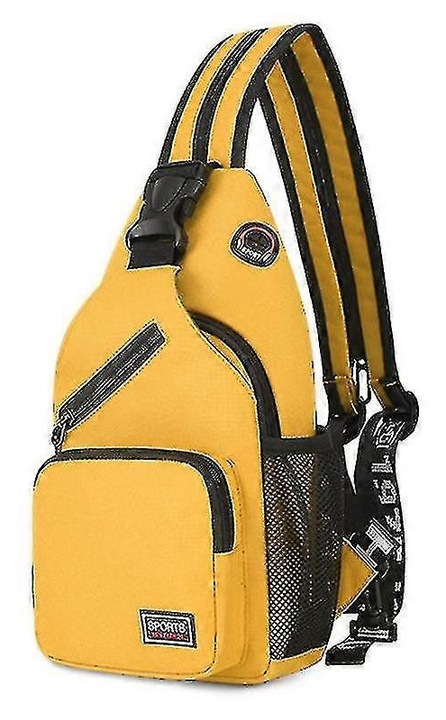 Полиестерна чанта тип слинг crossbody, многофункционална и водоустойчива, с множество джобове и порт за слушалки, жълта, размер S