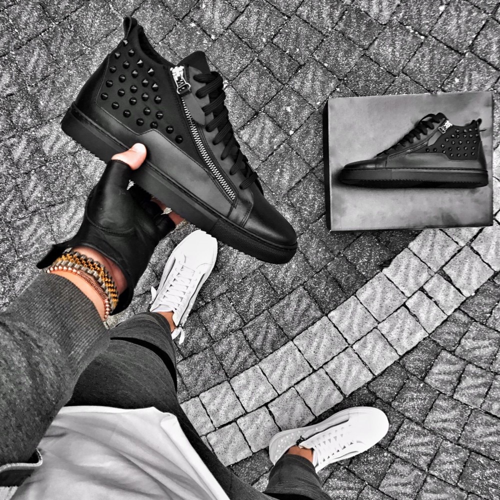 بليند الهدف طريقة التعبير اللفظي  Sneakers pentru barbati, negru, handmade, piele naturala, cu tinte, peste  glezna - BB282, 43 INTL - eMAG.ro