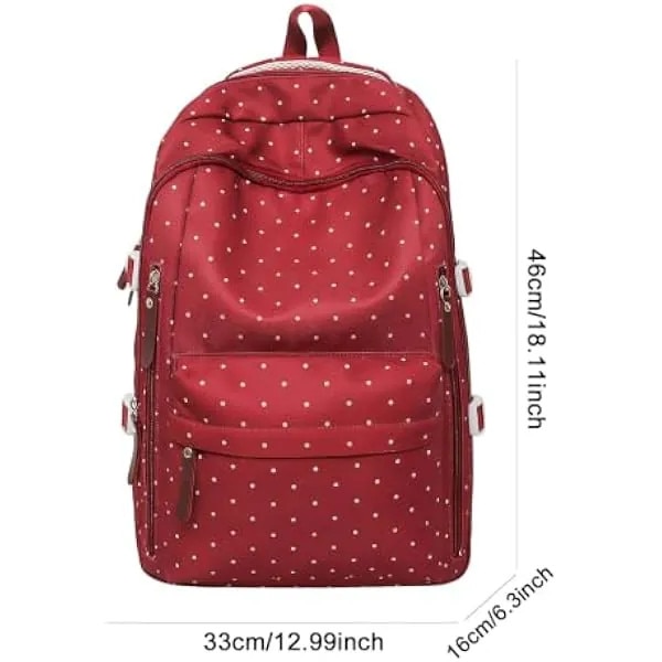 Rucsac in nylon, usor, capacitate mare, cu buline albe, model K0569-260902-2694-AMC, rosu/alb, 46 x 33 x 16 cm