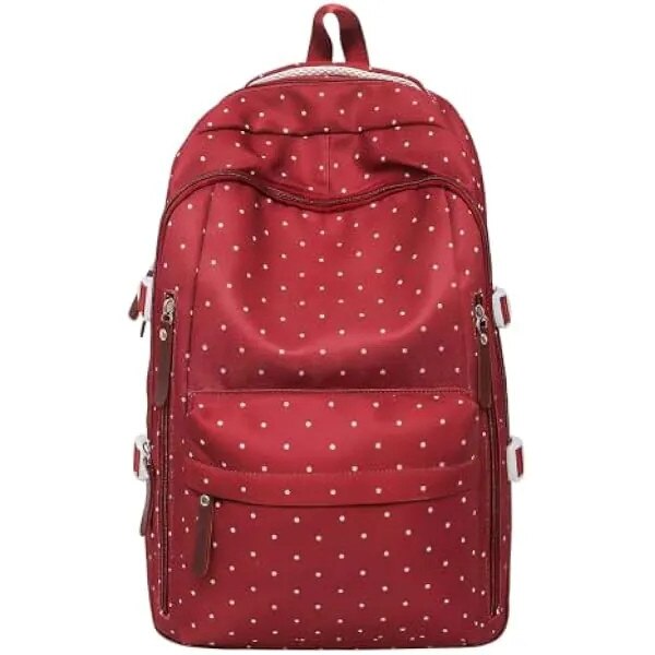 Rucsac in nylon, usor, capacitate mare, cu buline albe, model K0569-260902-2694-AMC, rosu/alb, 46 x 33 x 16 cm