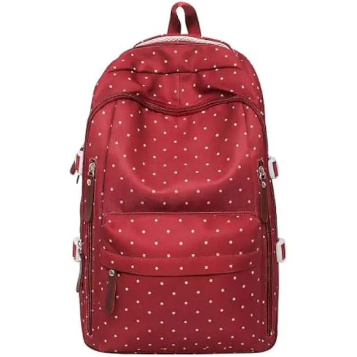 Rucsac in nylon, usor, capacitate mare, cu buline albe, model K0569-260902-2694-AMC, rosu/alb, 46 x 33 x 16 cm
