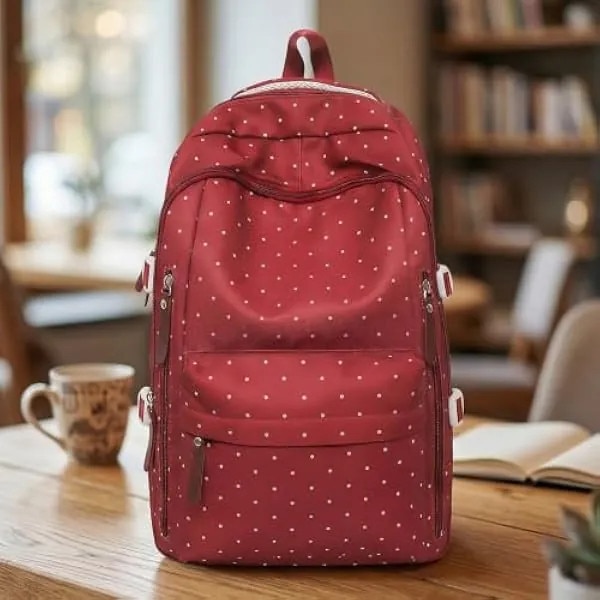 Rucsac in nylon, usor, capacitate mare, cu buline albe, model K0569-260902-2694-AMC, rosu/alb, 46 x 33 x 16 cm