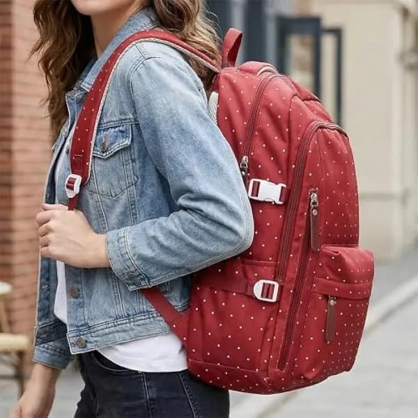 Rucsac in nylon, usor, capacitate mare, cu buline albe, model K0569-260902-2694-AMC, rosu/alb, 46 x 33 x 16 cm