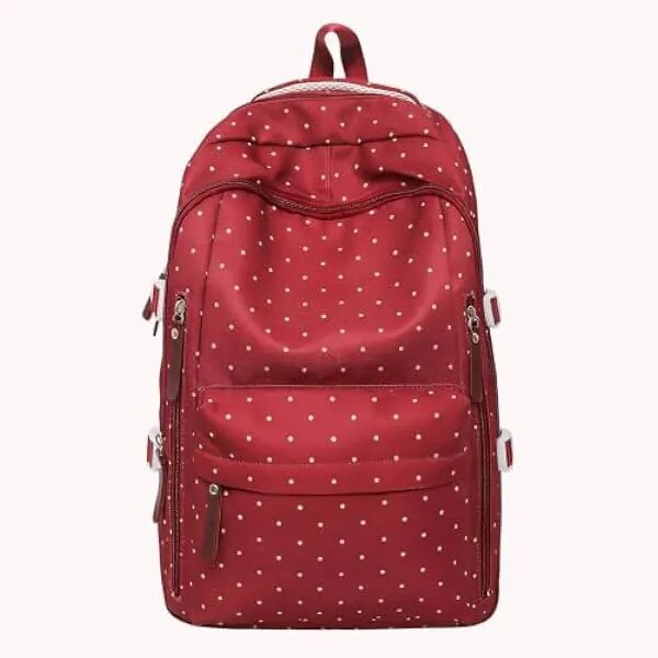 Rucsac in nylon, usor, capacitate mare, cu buline albe, model K0569-260902-2694-AMC, rosu/alb, 46 x 33 x 16 cm