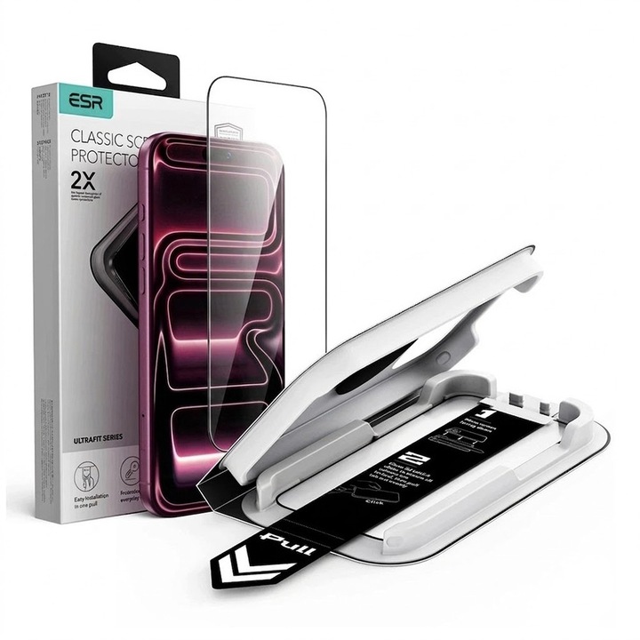 Folie sticla pentru iPhone 18 Pro / iPhone 17 Pro ESR Tempered Glass UltraFit Classic cu aplicator automat, Potrivire automata, Transparenta