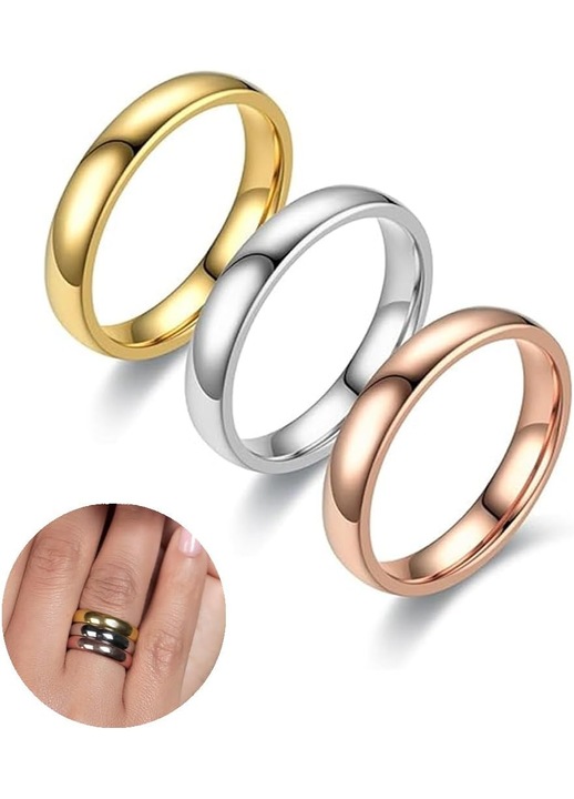 Set 3 Inele Aur, Argint, Aur Roz Femei - Placate 14K, Waterproof