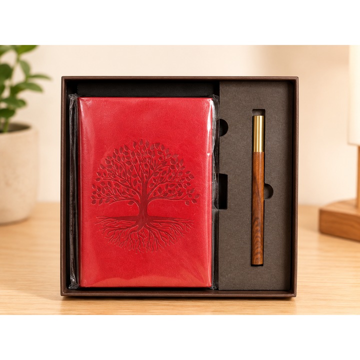 Set Cadou Premium „Arborele Vietii” – Agenda Eleganta si Pix cu Aspect de Lemn