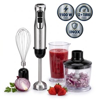 Mixer Vertical de mana, Blender 1100 W, 12 viteze + Turbo, 4 lame inox, Mixer Vertical cu picior inox detasabil si tocator, tel inox pentru frisca si albusuri, Mixer Vertical cu bol tocator 500 ml, pahar 600 ml, Mixer Blender de imersie, 4 accesorii