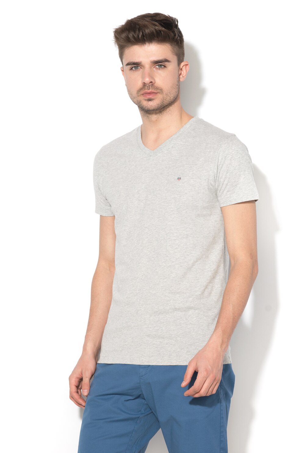 Gant, Tricou slim fit cu decolteu in V, Gri, 2XL