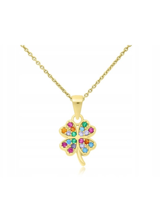 Tessoria, colier din argint 925 placat cu aur 24K cu pandant trifoi cu 4 foi si zirconii multicolore AAA, auriu, 45 cm