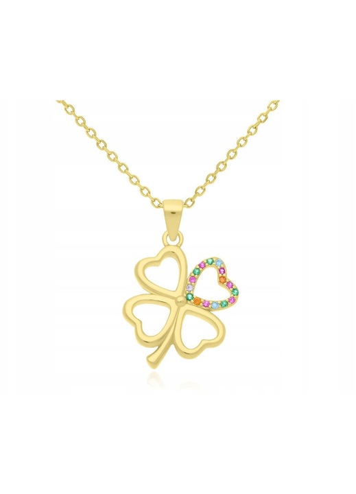Tessoria, colier din argint 925 placat cu aur 24K cu pandantiv trifoi si zirconi colorate AAA, auriu, lungime 50 cm