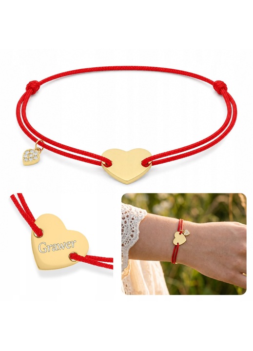 Tessoria, bratara din argint 925 placat cu aur 14K pe snur rosu cu inimioara neteda si pandantiv mic cu cyrconii, rosu/auriu, reglabil 14–23 cm