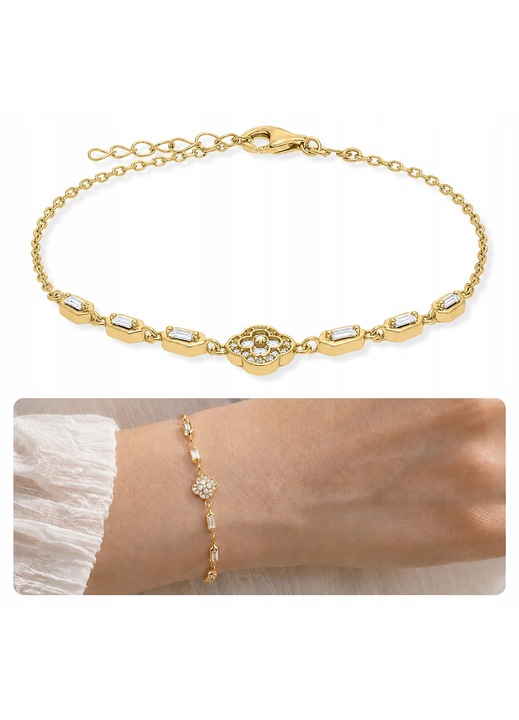 Tessoria, bratara dama argint 925 placat cu aur 14K cu trifoi si cyrconii AAA, auriu, 17 cm + 3 cm