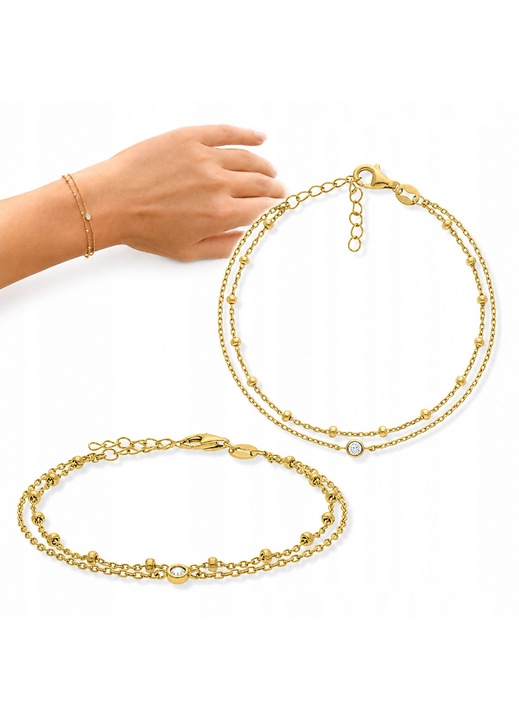 Tessoria, bratara din argint 925 placata cu aur 14K, dublu lant cu bilute si cyrconie, auriu, 19 cm (16+3 cm)