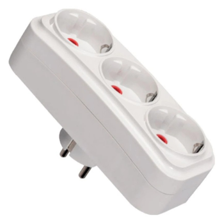 Triplu stecher cu impamantare, Start, alb, protectie copii, 3 prize