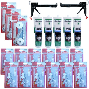 Pachet - 12 x Set dibluri pentru fixarea vasului de WC + 3 x Set dibluri pentru fixare lavoar + 2 x Pistol silicon, negru + 5 x Den Braven silicon sanitar alb, 270ml Pachet - 12 x Set dibluri pentru fixarea vasului de WC + 3 x Set dibluri pentru fixare lavoar + 2 x Pistol silicon, negru + 5 x Den Braven silicon sanitar alb, 270ml