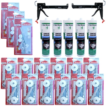 Pachet - 12 x Set dibluri pentru fixare lavoar + 3 x Set dibluri pentru fixarea vasului de WC + 2 x Pistol silicon, negru + 5 x Den Braven silicon sanitar transparent, 270ml Pachet - 12 x Set dibluri pentru fixare lavoar + 3 x Set dibluri pentru fixarea vasului de WC + 2 x Pistol silicon, negru + 5 x Den Braven silicon sanitar transparent, 270ml