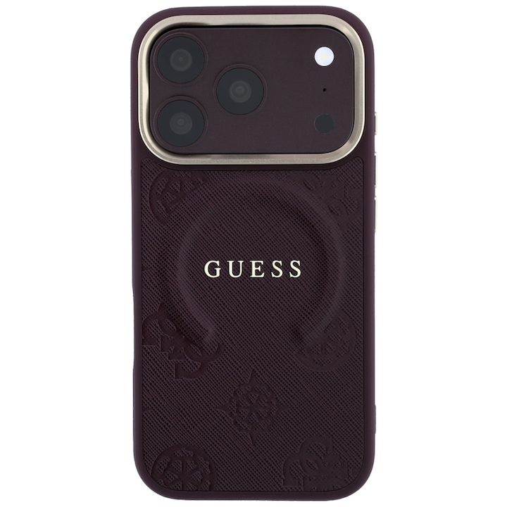 Husa Guess Saffiano Peony and Ring cu MagSafe compatibila cu iPhone 18 Pro / 17 Pro, Burgundy