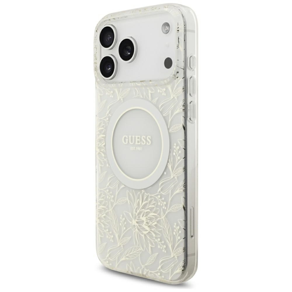 Husa GuessI ML Flowers Allover Electroplated Pearl Strap cu MagSafe compatibila cu iPhone 18 Pro Max / 17 Pro Max, Alb