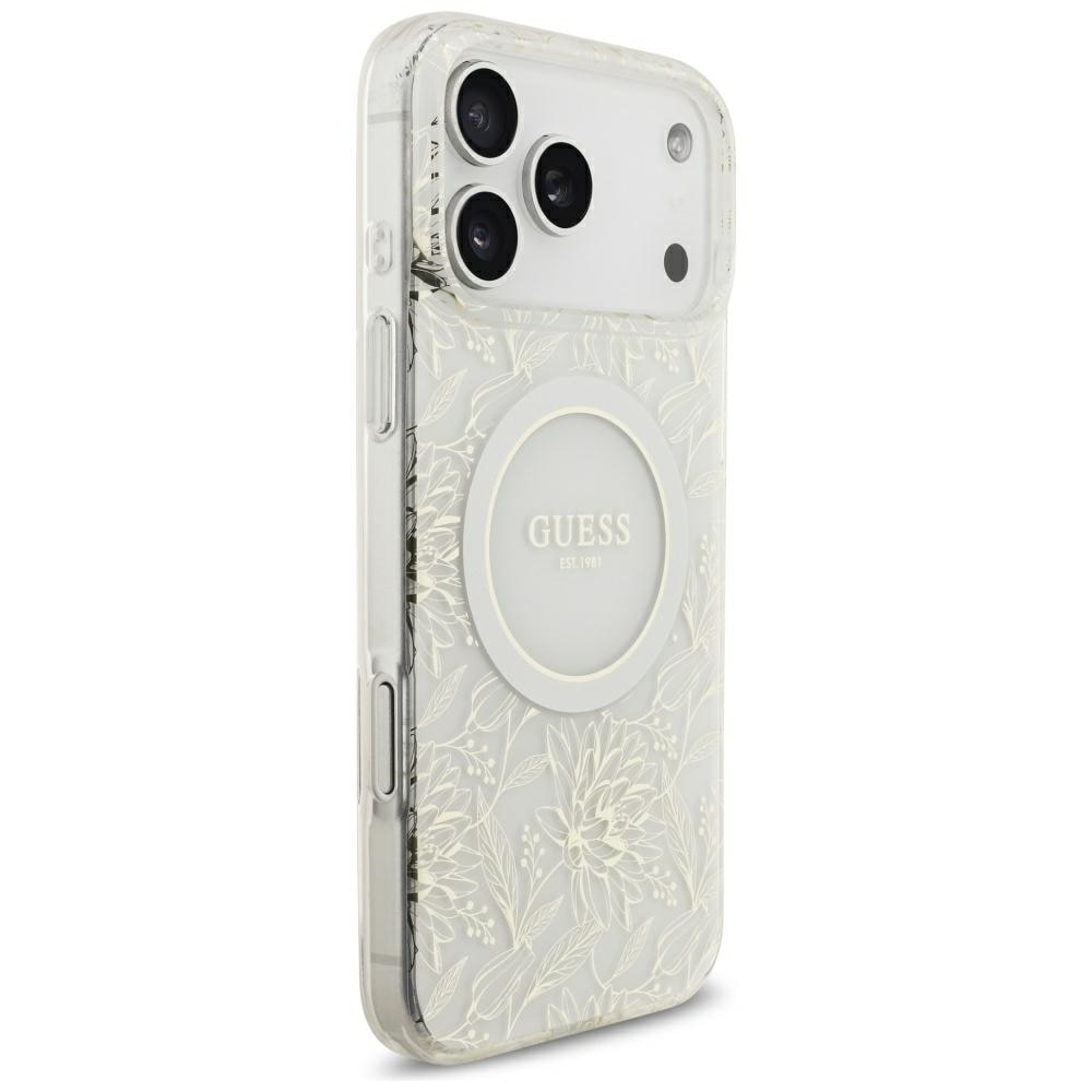 Husa GuessI ML Flowers Allover Electroplated Pearl Strap cu MagSafe compatibila cu iPhone 18 Pro Max / 17 Pro Max, Alb
