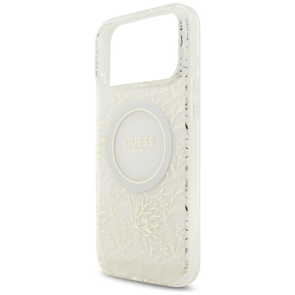 Husa GuessI ML Flowers Allover Electroplated Pearl Strap cu MagSafe compatibila cu iPhone 18 Pro Max / 17 Pro Max, Alb