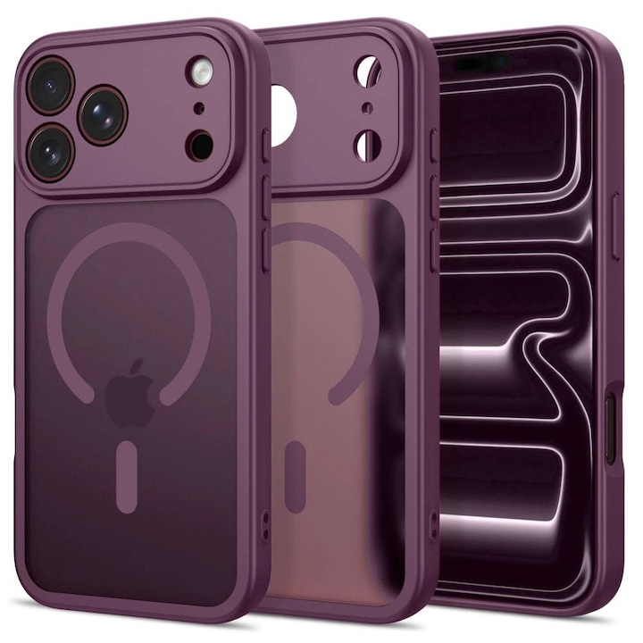 Husa pentru iPhone 18 Pro cu protectie pentru lentile si MagFit EasyCharge, Ghost Series Anti-ingalbenire, frosted - Dark Cherry